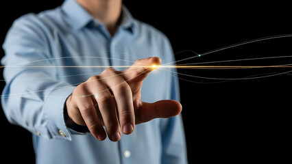 Man's finger touches glowing lines, symbolizing digital connection and data flow.