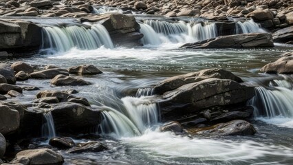 Fototapeta premium A Scenic River With Cascading Waterfalls and Smooth Stones