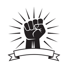 A raised fist symbol with radiating lines and a blank banner below