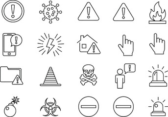 Warning hazard alert icons set with exclamation danger symbols, safety emergency siren, biohazard, fire, poison, virus, bomb vector illustration