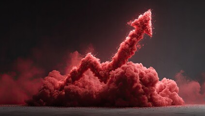 A vibrant red cloud formation shaped as an ascending arrow against a dark background