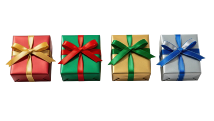 A festive collection of four elegantly wrapped gift boxes in red, green, gold, and silver, each adorned with contrasting ribbon bows, set against a stark black background for commercial use.