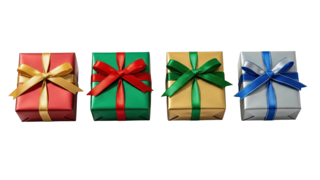 A festive collection of four elegantly wrapped gift boxes in red, green, gold, and silver, each adorned with contrasting ribbon bows, set against a stark black background for commercial use. - Powered by Adobe