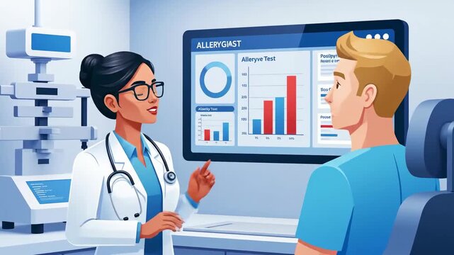 Modern Medical Consultation with Doctor Analyzing Allergy Test Results and Patient Explanation in