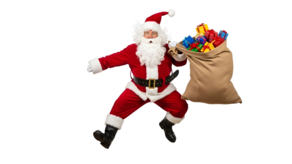 A jolly Santa Claus, dressed in his iconic red suit, is captured mid-stride carrying a large burlap sack overflowing with brightly colored presents.