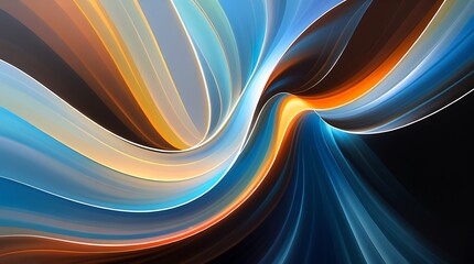 Abstract flowing ribbons with orange and blue hues against a dark background creating depth and movement