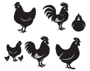 Rooster, Hen, and Chick Silhouettes: Poultry, Farm, and Chicken Family Black Vector Icons