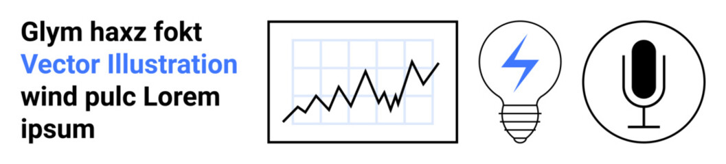 Data analysis, energy solutions, communication, technology insights, creativity, and progress. Line graph, microphone and lightning bulb icons. Data analysis and energy solutions concept
