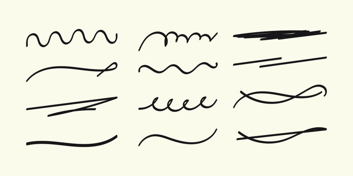 Set of Hand Drawn Doodle Underline and Text Divider Elements with Squiggle, Scribble, and Wavy Lines