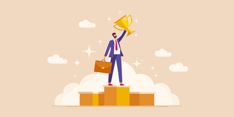A businessman celebrates success atop a golden podium with a trophy