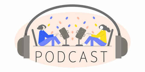 Podcast illustration featuring musicians performing within headphone shapes