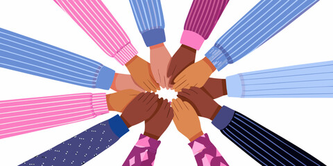 Diverse hands joined together in a circle symbolizing unity and collaboration