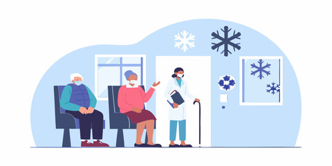 Healthcare worker assisting elderly patients in a waiting room during winter