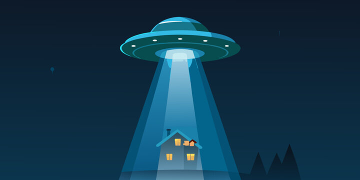 A glowing ufo shines a bright beam of light onto a small house