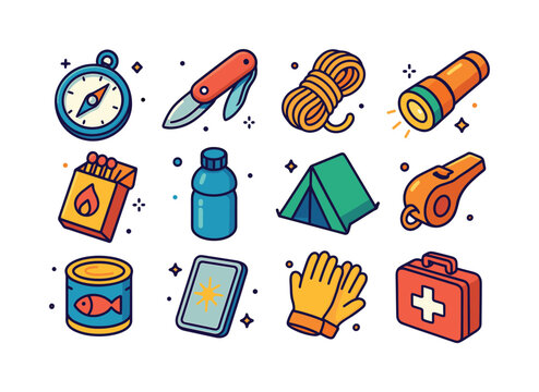 Isometric Survival Icons. Survival Kit. Colorful isometric vecto