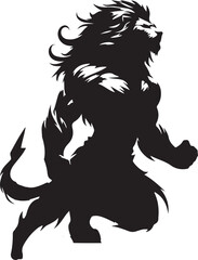 A powerful black silhouette of a muscular, roaring lion warrior in a dynamic, aggressive pose, featuring a spiky mane and tail.
