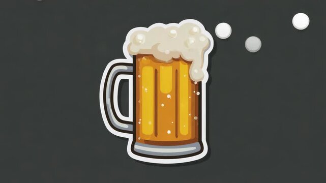 Cartoon-style beer mug with frothy foam, outlined like a sticker, shown on a dark background, representing a fun drink or celebration concept