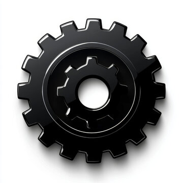 Glossy black gear icon featuring a nested smaller gear and central hole, presented on a clean white background with subtle shadows