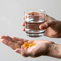 Hand Holding Supplements with Glass of Water