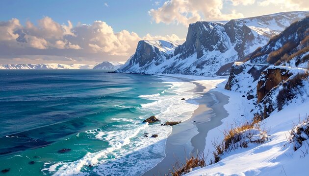 A breathtaking coastal vista featuring an azure sea, sandy shore, snowy peaks and a partly cloudy sky - Powered by Adobe