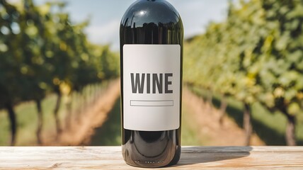 Red wine bottle with blank label in vineyard setting