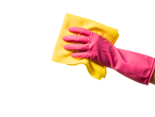 A hand wearing a pink rubber glove holding a yellow cloth isolated on transparent background