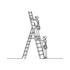 Construction workers collaborating on a project using a ladder for elevated work