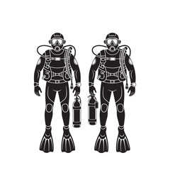 Two scuba divers in full gear facing forward in a black and white illustration