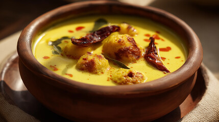 Creamy yellow kadhi with gram-flour fritters, turmeric glow, sizzling tempering of cumin and red chilies, rustic clay bowl