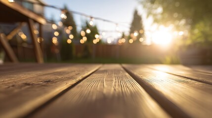 stringlights. Wooden deck illuminated by warm string lights at dusk, exuding cozy outdoor ambiance. lifestyle magazines.