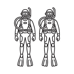 Line art illustration of two scuba divers facing forward fully equipped