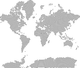 World map in geometric dotted vector round info graphic shape pattern focusing country and continent of the universal geography. Abstract global data and interconnected circle dot grid pattern view
