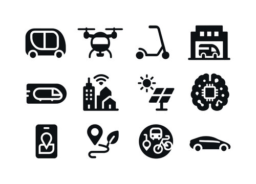 Future Mobility Icons. Future mobility. Solid icon set of Future