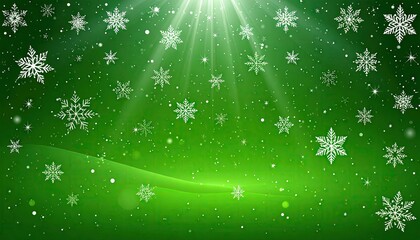 Festive Green Winter Wonderland with Falling Snowflakes and Light Rays.