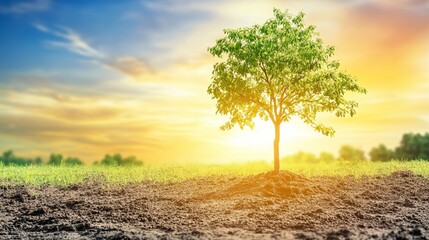 Obraz premium Lone Tree in Sunlit Field at Sunset
