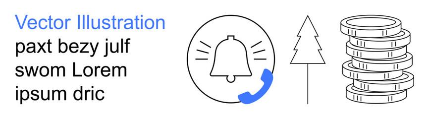 Notifications, nature conservation, financial planning, alerts, communication, sustainability. Bell with phone, tree outline coin stack. Notifications and nature conservation visualization