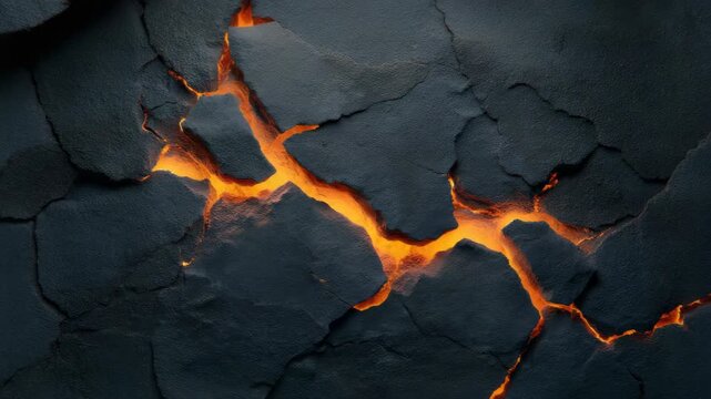 Cracked black volcanic surface with glowing orange lava fissures, digital art style, on a dark textured background, concept of earth core heat