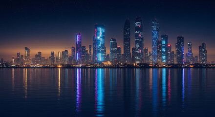 Fototapeta premium Futuristic City Skyline at Night with Water Reflections