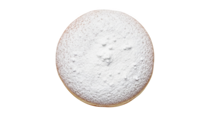 A round powdered donut against a black background