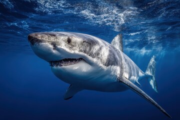 Fototapeta premium Great white shark patrolling the depths of the ocean