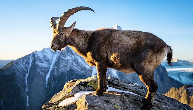 Majestic alpine ibex stands on a rocky mountain peak high in the snowy alps during golden hour, mountain goat.