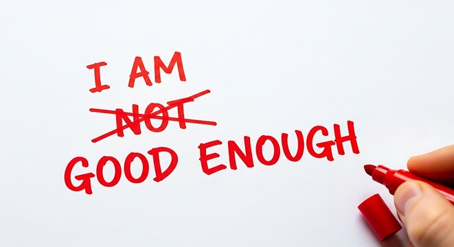 Crossing out negative selftalk to affirm personal worthiness with red marker