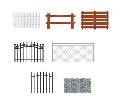 Fence types vector set illustrating various barriers