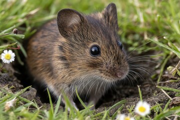 Tiny field mouse emerging from its burrow in the grass