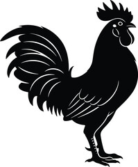 Rooster bird silhouette side view, farm animal, feather detail, comb and wattle, flat vector