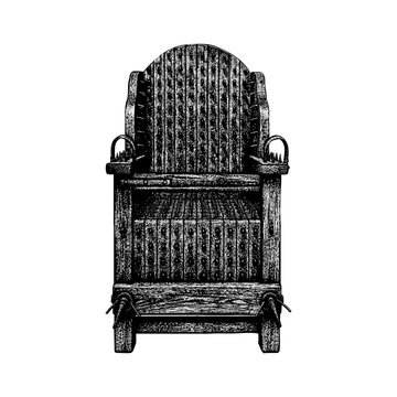 Ancient torture chair, crafted from rough wood and metal restraints, symbolizing fear, punishment, and the brutal methods of historical interrogation in medieval times.
