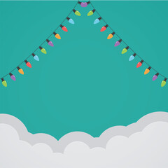 Colorful Christmas String Lights Background with Cloud Paper Cut Style Vector