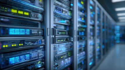 A photorealistic image of a data center with servers