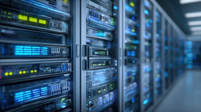 A photorealistic image of a data center with servers - Powered by Adobe