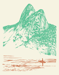Illustration of a surfer riding a wave on a beach in Rio de Janeiro, Brazil.